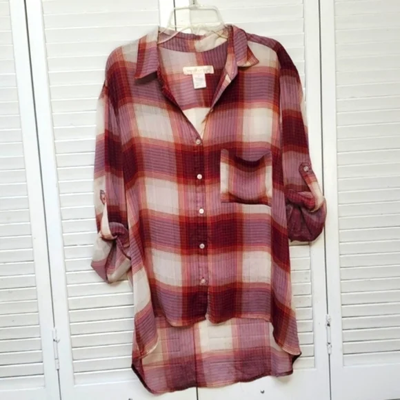 Band of Gypsies Plaid Button Down Shirt - Red and Cream - Picture 4 of 9
